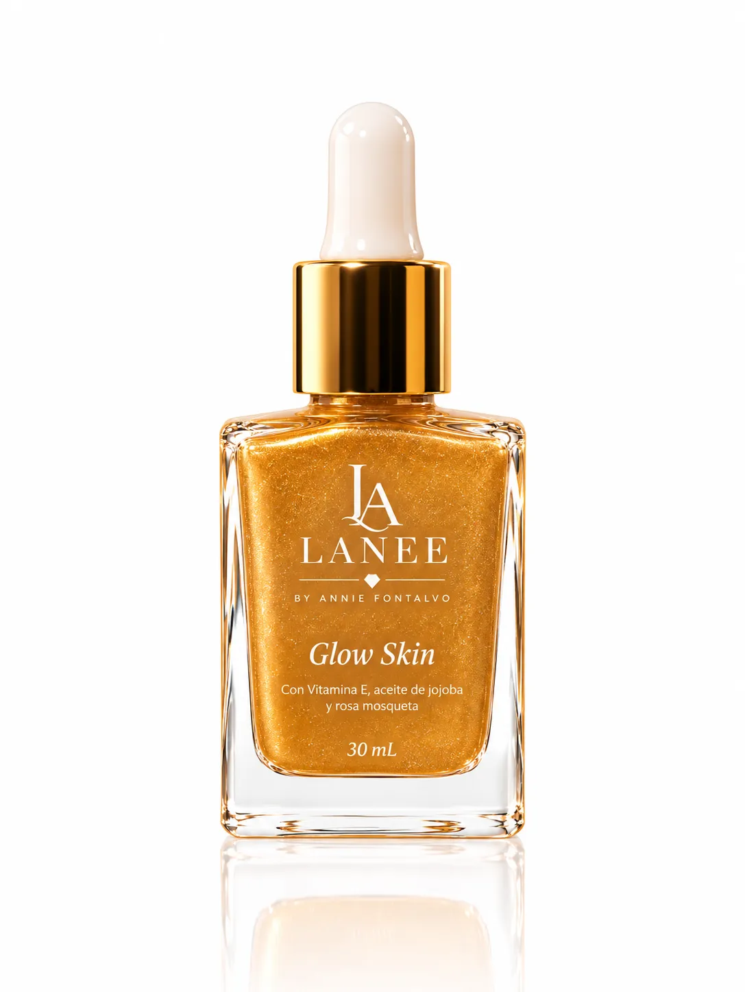 Glow Skin tono Gold, frasco de vidrio con gotero dorado