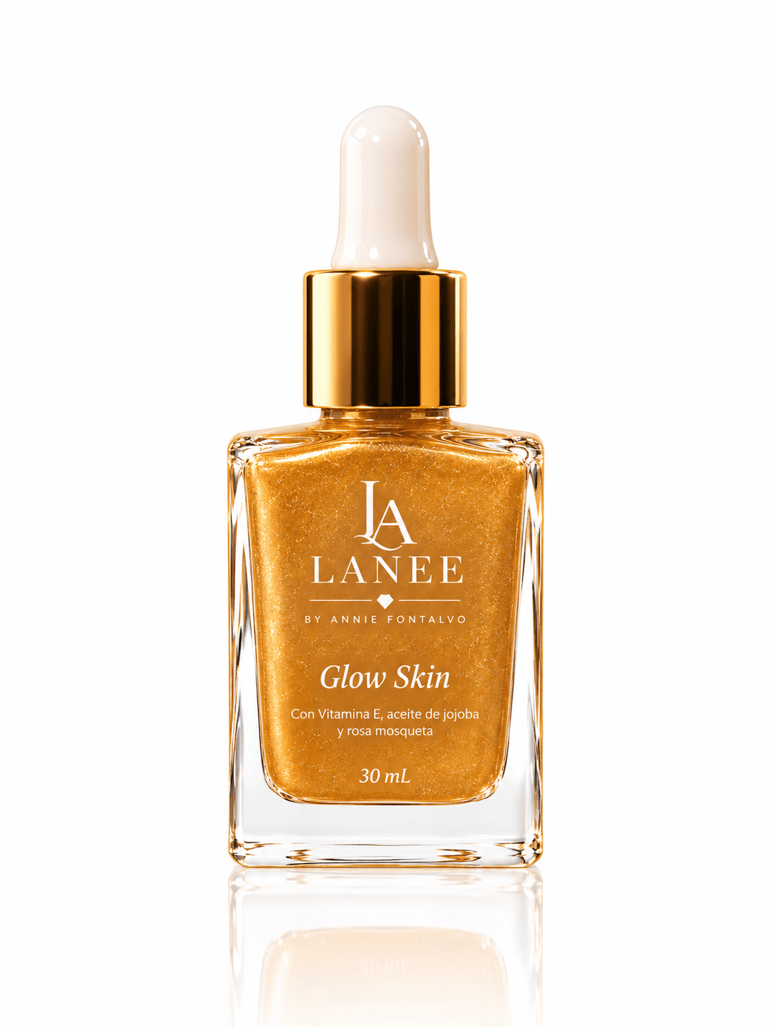 Glow Skin tono Gold, frasco de vidrio con gotero dorado